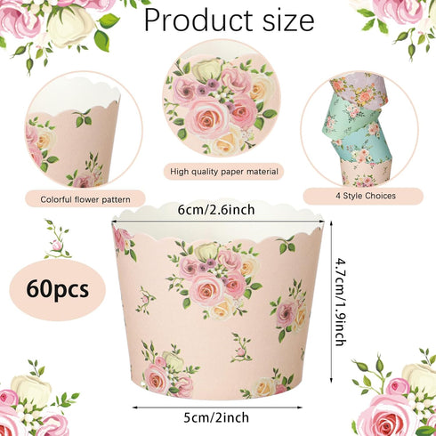 Uiifan 60 Pcs Floral Paper Baking Cups Disposable Greaseproof Baking Cups Bulk Floral Muffin Baking Cups Flower Cupcake Wrappers for Birthday Wedding Decorations Baby Shower Tea Party, 4 Styles by Uiifan