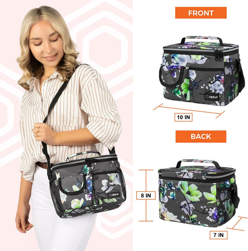 opux Leakproof Floral Grey Insulated Lunch Bag for Men Women, Portable Soft Lunch Cooler with Strap