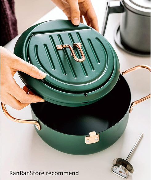 Japanese Tempura Deep Fryer Pot - Nonstick Carbon Steel Oil Fryer with Thermometer, 3.5L, Green Big Tempura Pan