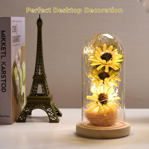 Sunflower Gifts for Women, Artificial Sunflowers in Glass Dome with LED Strip, Birthday Gifts for Mom & Grandma,
