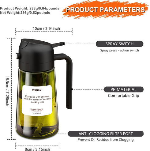 mqnxoi 2 1 16oz/470ml Oil Sprayer for Cooking, in Olive Oil Dispenser Bottle for Kitchen, Premium Glass, Food-grade Oil