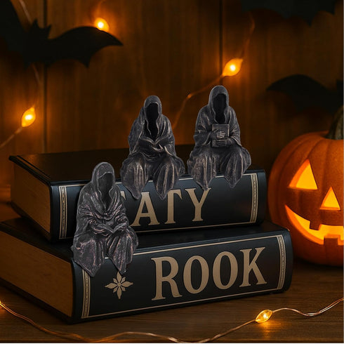 Set 3, Reading Statue Suriel Bookshelf Figure of Gothic Fantasy Black Robe Statue, Mystery Reading Figurines Sitting
