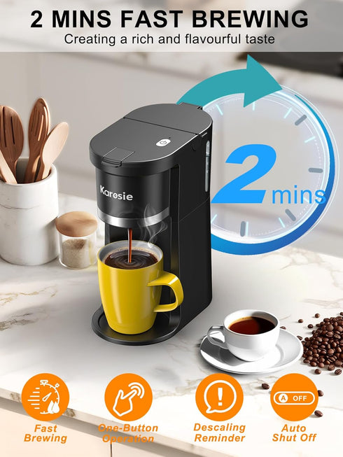 6-12 Oz Small Single Serve Coffee Maker, Fast Brew for K-Cup & Ground Coffee, Brew Sizes, One-Button Single Cup Coffee