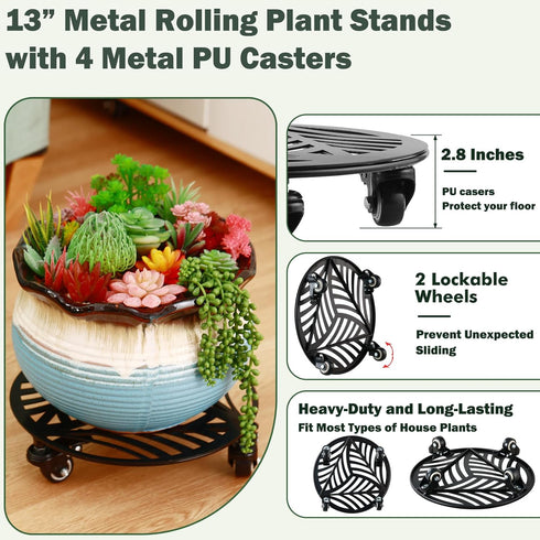 1 Pack 13 inches Metal Plant Caddy with Wheels Heavy-duty Large Iron Rolling Plant Stand with Casters Indoor Outdoor