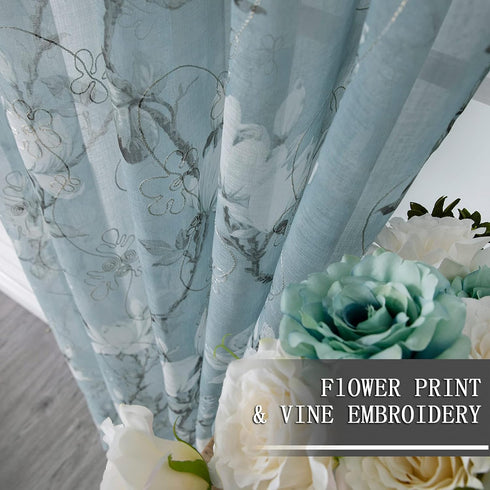 Tollpiz Blue Floral Sheer Curtains, Flower Print Vine Embroidery, 54 x 63 inches, Set of 2 Panels for Bedroom & Living