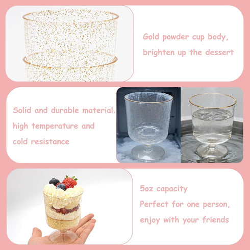 120 Pack 60 Pack Plastic Dessert Cups with Spoons Clear Yogurt Parfait Appetier Cup with Gold Glitter for Party