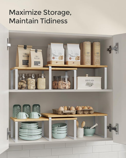 SONGMICS Cabinet Organizer Shelf, Set of 4 Kitchen Storage, Spice Rack, Stackable, Expandable, Metal and Engineered Wood