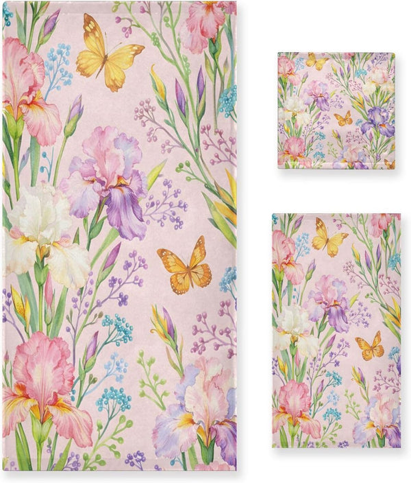 ALAZA Chic Iris Purple Flowers and Yellow Butterflies Bath Towel Set Luxury