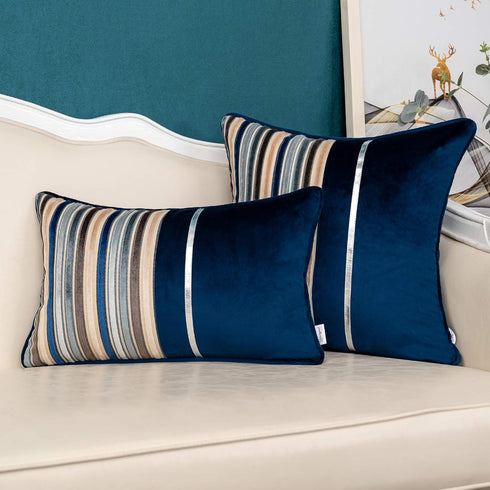 Yangest Navy Blue Striped Patchwork Throw Pillow Cover - Gold Leather Zippered Rectangular Cushion for Sofa, 12x20 Inch
