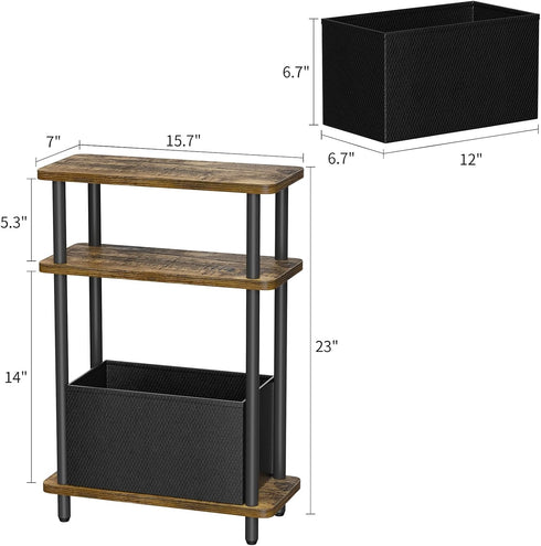 THUMEYE 7" 3 15.7" 23" Narrow Side Table with Fabric Basket, Wide, Tier Skinny End Table with Wood Legs, Slim