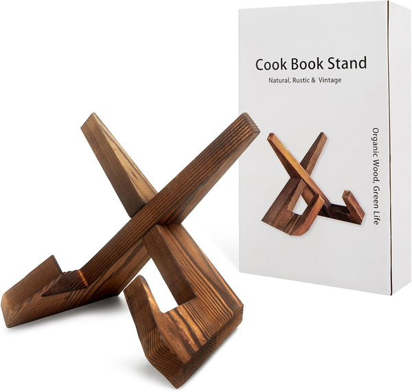 Rustic Cookbook Holder Stand for Kitchen - Wooden Recipe Book Holder for Kitchen Counter with Natural Wooden Grains