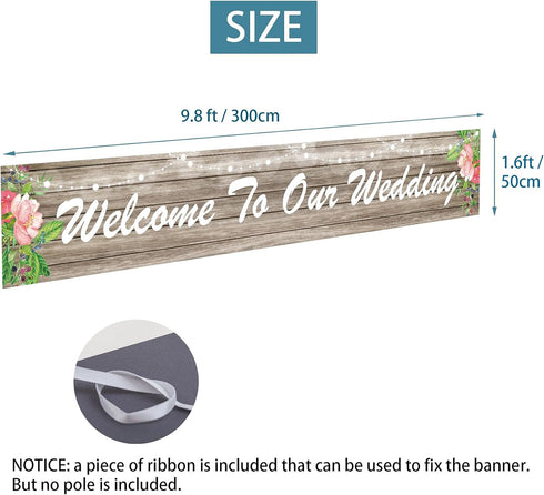 Welcome to Our Wedding Banner Sign, Large Bridal Shower Party Backdrop for Indoor Outdoor Decor (9.8x1.6ft)