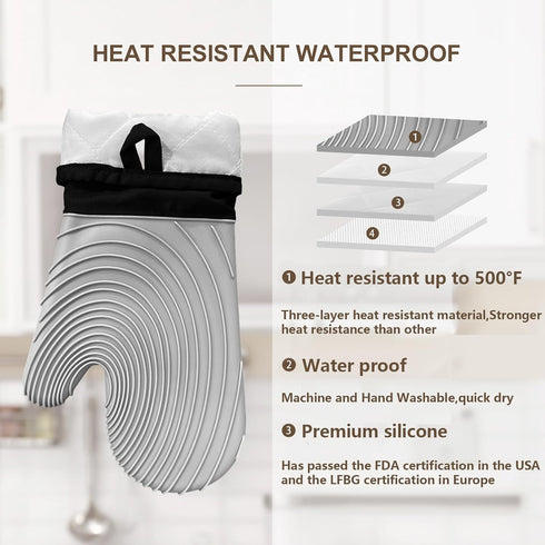 Silicone Oven Mitts - Heat Resistant 500F, 13.6 in Waterproof Grippy Design, Flexible BPA-Free Kitchen Gloves