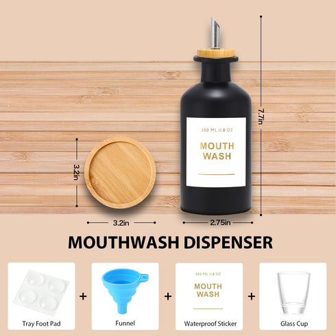 BONLONG 11.8OZ Nozzle, Glass Mouthwash Dispenser for Bathroom with Stainless Steel & Bamboo Mouthwash Cup Reusable