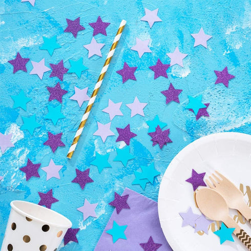 Star Confetti for Table Decoration, 200pc in Turquoise Blue, Lavender, Purple, 1.2 inch Diameter for Wedding Birthday