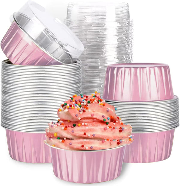 Mini Aluminum Foil Cupcake Baking Cups with Lids, 40pcs, 5oz - Disposable Round Cake Containers for Party, Wedding, Tart