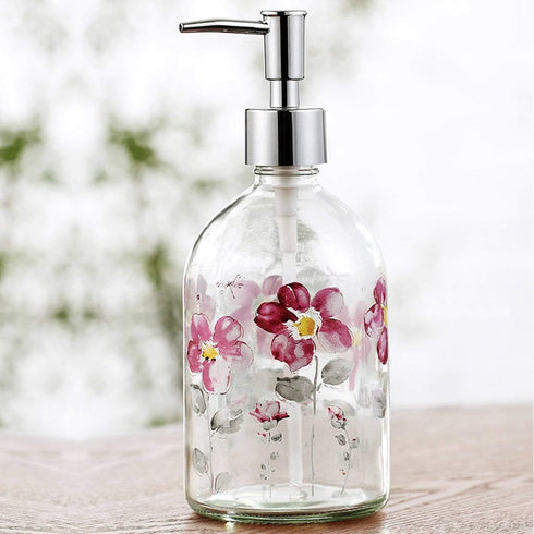 Set of 2 Flower Glass Soap Dispenser Bottles, 17oz with Plastic Pump