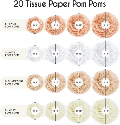 EPIQUEONE 20 Pieces Tissue Paper Pom Poms in Blush Pink, Dusty Rose, Mauve, Cream - Party Decorations (White, Ivory,