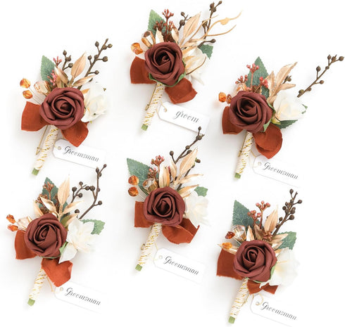 Ling's Moment 6pcs Boutonniere for Men, Artificial Flowers for Wedding Decor, Prom, Homecoming, Terracotta Orange