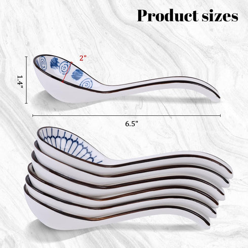 HANSGO 6PCS Asian Ceramic Soup Spoons, 6.5 Inch Chinese Soup Spoons Long Handle Noodle Soup Spoons for Ramen Wonton Dumpling