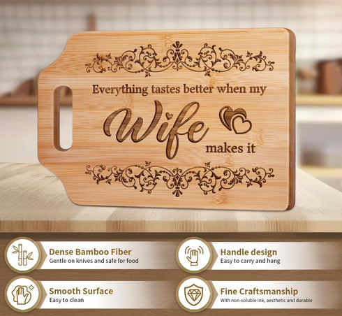 Engraved Bamboo Cutting Board - Wife Birthday Gift Ideas, Kitchen Gifts for Wife, 12.3"L x 8.7"W x 0.4"Th