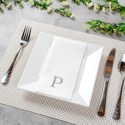 15.8 7.9 Inch 50 Luxenap X Linen-Feel Guest Towels, Lettered Hand Towels - Silver Letter 'P', Sans Serif Font, White
