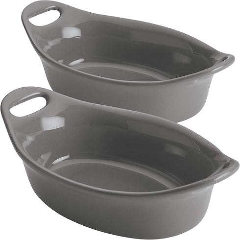 Rachael Ray Solid Glaze Ceramics Au Gratin Bakeware Set - 2 Piece, Oval Gray