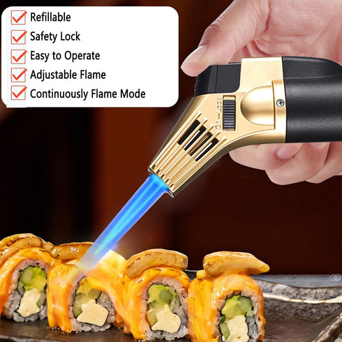 Butane Torch Lighter,Refillable Kitchen Culinary Cooking Blow Torch with Safety Lock Adjustable Flame for Desserts Creme Brulee BBQ Baking—Butane Gas Not Included(Golden)