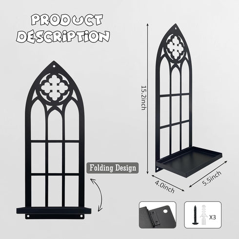 Natrlart Set Gothic Wall Sconces of Two Candle Holder, Black Metal Gothic Wall Decor, Arched Church Wall Sconces