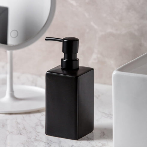 Matte Black Square Soap Dispenser, Ceramic Hand Soap and Lotion Dispenser for Bathroom Countertop, 14oz Dish Soap