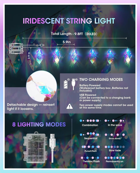 20 9.84FT 8 AceList Iridescent String Lights Indoor, LED Holographic Battery & USB Powered, Lighting Modes, Crystal