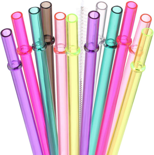 DAKOUFISH 11 Inch Clear Reusable Plastic Drinking Straws for 24 oz & 16 oz Mason Jar Tumblers, Set of 12 with Cleaning