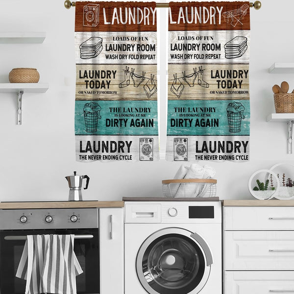 Laundry Kitchen Window Curtain, Rustic Wash Dry Quotes Words, 27.5" W x 45" L Curtains Set for Bedroom, 2 Panels