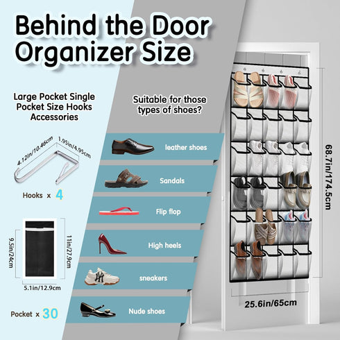 Kotkn 30 Closet Over the Door Shoe Organizer with Breathable Mesh Pockets - Large Capacity Storage for Men & Women
