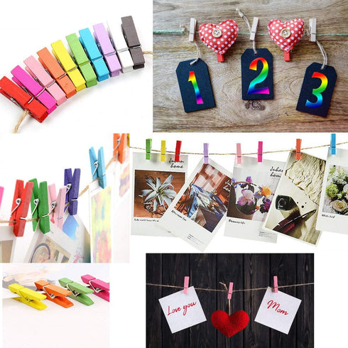 Wooden Clothes Pins, 100pcs 1.3 Inch (3.5cm) Mixed Colored Small Clips with 33 Feet Jute Twine