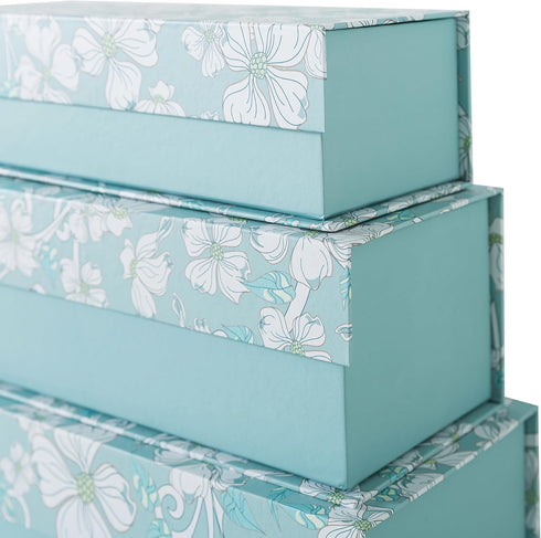 Blue Botanical Decorative Storage Boxes with Lids, Set of 3 White Floral Memory Keepsake Boxes for Organizing