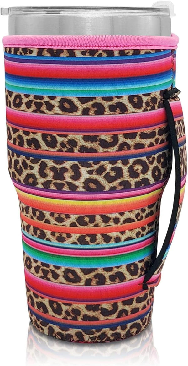 Reusable Iced Coffee Cup Sleeve, Neoprene Insulated Sleeves for 30oz - 32oz Tumbler Cups, Rainbow-Leopard