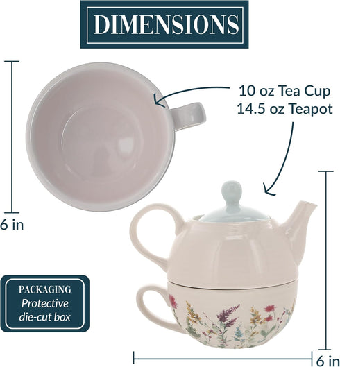 14.5 oz Set, Set, Summer 1 Count, Pavilion Gift Company - Happiness Ceramic Teapot and Tea Cup Watercolor Floral Tea