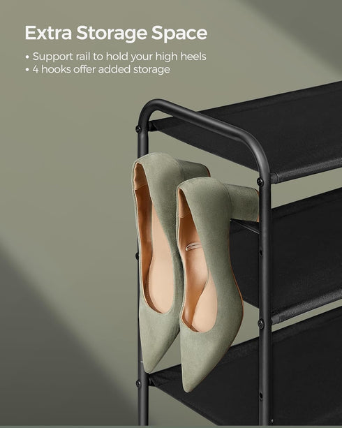 3-Tier 4 18 Closet, SONGMICS Shoe Rack, Shoe Organizer, Fabric Shoe Shelf Storage with Hooks, Holds up to Pairs