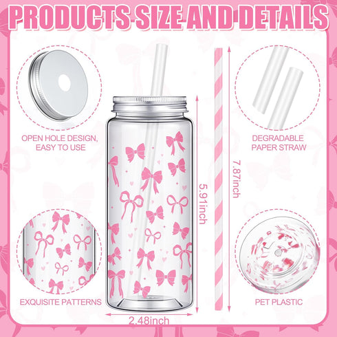 Chuangdi 24 Sets 14 oz 24 25 Pink Bow Bottles with Straws and Metal Lids Plastic Coquette Bottles Paper Straws Tumbler