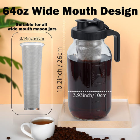 Cold Brew Mason Coffee Maker - 64oz Iced Coffee Pitcher with Stainless Steel Mixing Spoon & Super Dense Filter 3 Steps Finish Cold Brew Coffee, Classic BPA Free Sturdy Mason jar Pitcher Easy to Clean by Jrssae