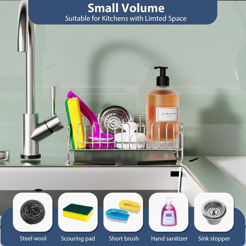 KABUM 304 4 304 (8.27x2.95x3.43) Stainless Steel Sponge Holder for Kitchen Sink, Compact Sink Caddy with Non-Slip
