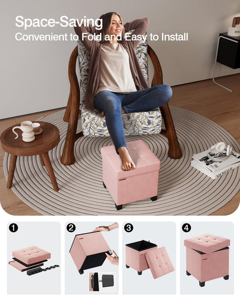 15 15 15.7 Inches, ASND22P ABHENG Cube Storage Ottoman, Velvet Foot Stool with Feet, Folding Storage Bench, End of Bed