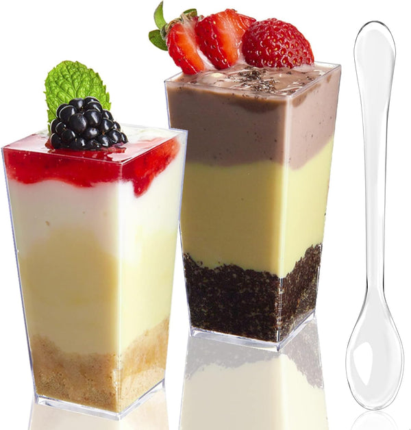 TOFLEN 50 Pack 3 oz Square Mini Dessert Cups with Spoons Clear