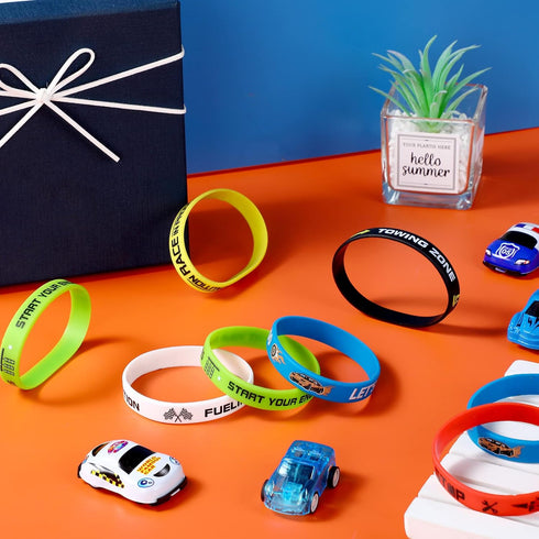 Skylety 24 Pack Race Car Party Favors, Race Car Silicone Bracelets, Racing Checkered Flag Wristbands for Birthday Party