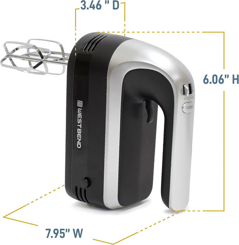 West Bend Hand Mixer Plus with Immersion Blender Attachment, 250-Watts, 6 Speed Options, Ergonomic Handle, Snap-On