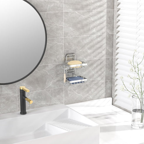 4 Moforoco Silver Double Soap Bar Holder for Shower, No Drilling Rustproof Stainless Steel, Wall Mounted Soap Holder