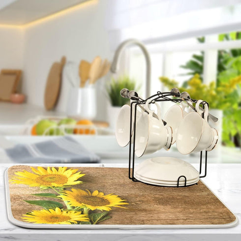 Absorbent Dish Drying Mat for Kitchen Counter, Yellow Sunflower Microfiber Reversible Drainer Mat (Medium 16 x 18 inch)