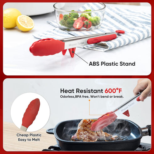 Maywe Tanso 5-Pack Silicone Tongs for Cooking, 4PCS 13-Inch Nonstick Stainless Steel Tongs with Brush