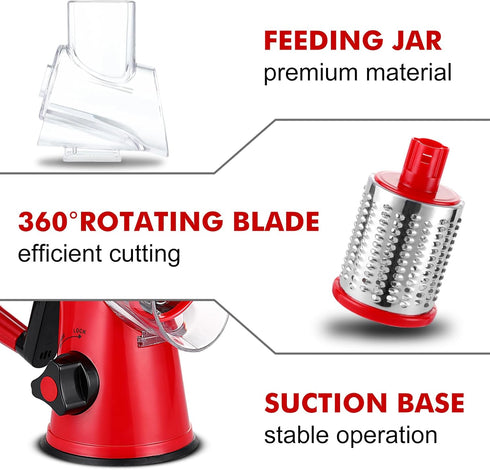 Rotary Cheese Grater for Kitchen, Vegetable Slicer with 3 Drum Blades, Fast Cutting Shredder for Cheese and Nuts